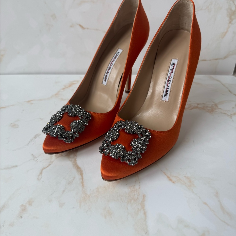 Manolo Heels Orange Satin Embellished Buckle